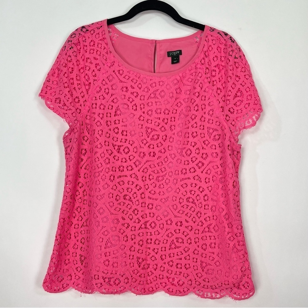J Crew Hot Pink Lace Overlay Eyelet Short Sleeve Blouse Keyhole Button Back Sz 8